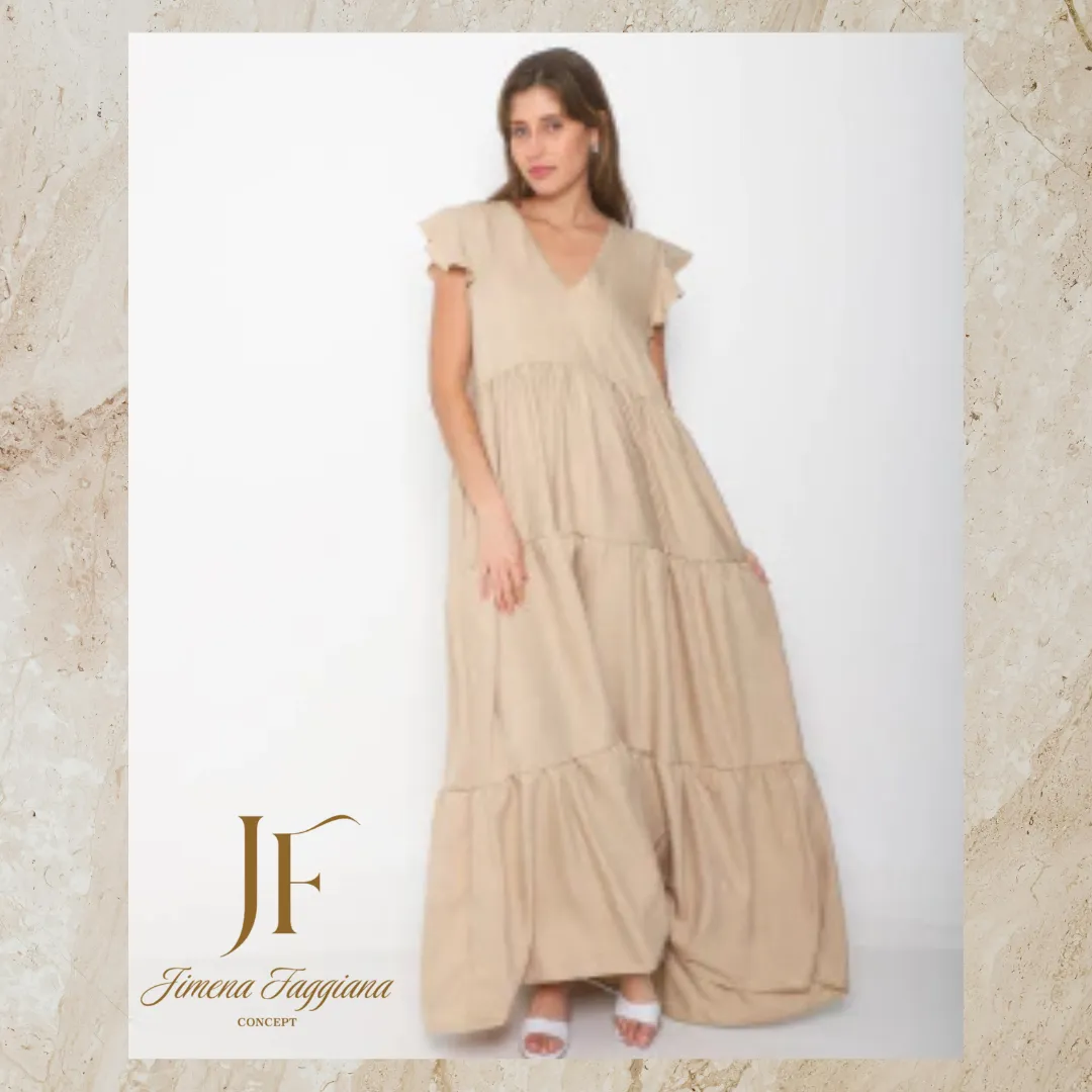 Vestido de lino color Crudo con volados - Jimena Faggiana Concept