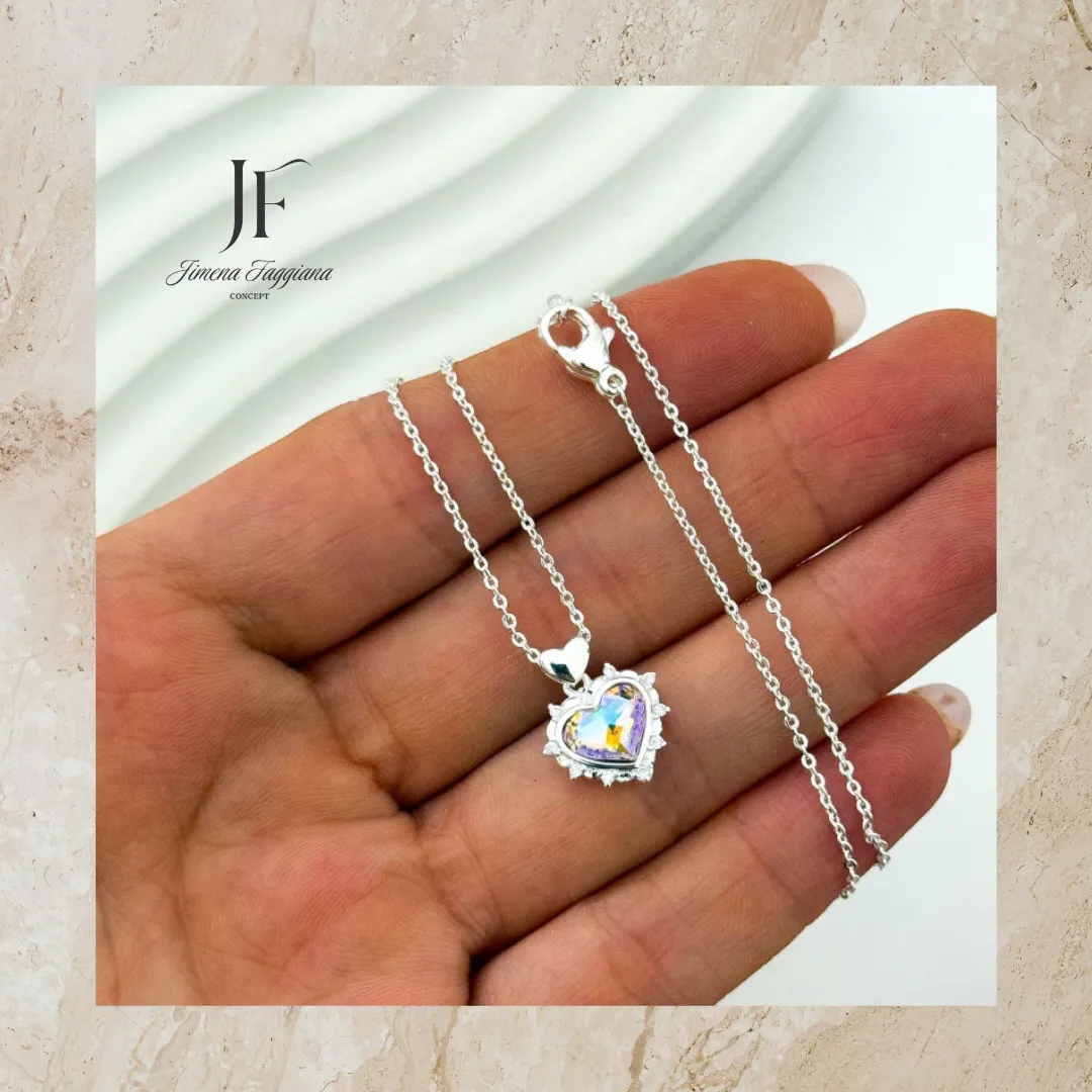 Collar acero blanco con dije corazon piedra tornasol - Jimena Faggiana Concept